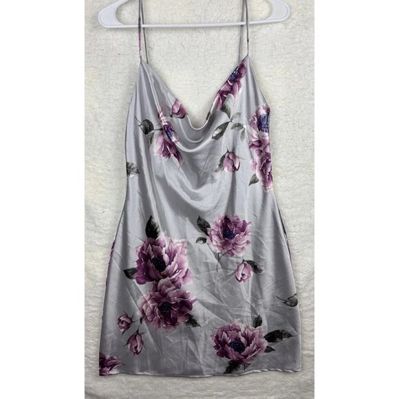 Floral Satin Slip Dress Women’s M/L Silver Purple Cowl Neck - Picture 2 of 7